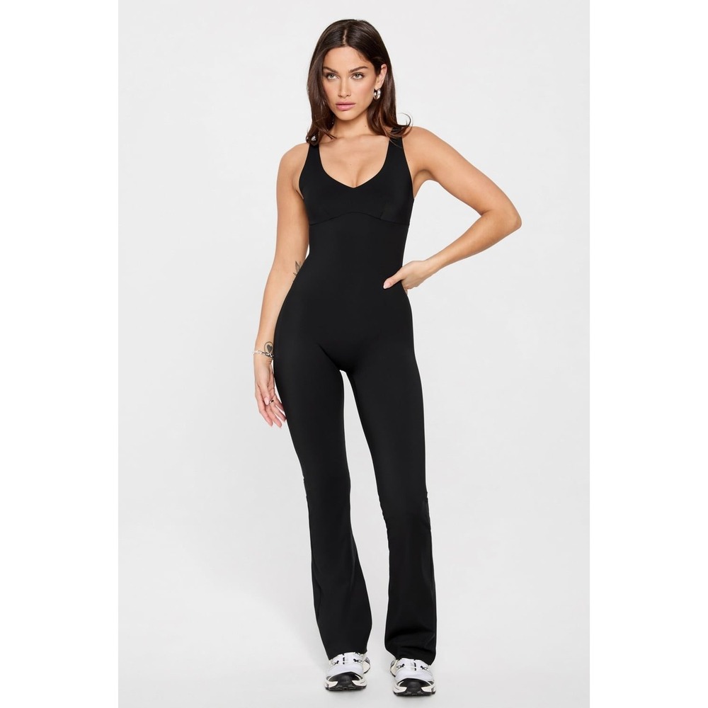 YITTY by Fabletics Shaping Catsuit Black Flare Leg Bodysuit NWT Size Small